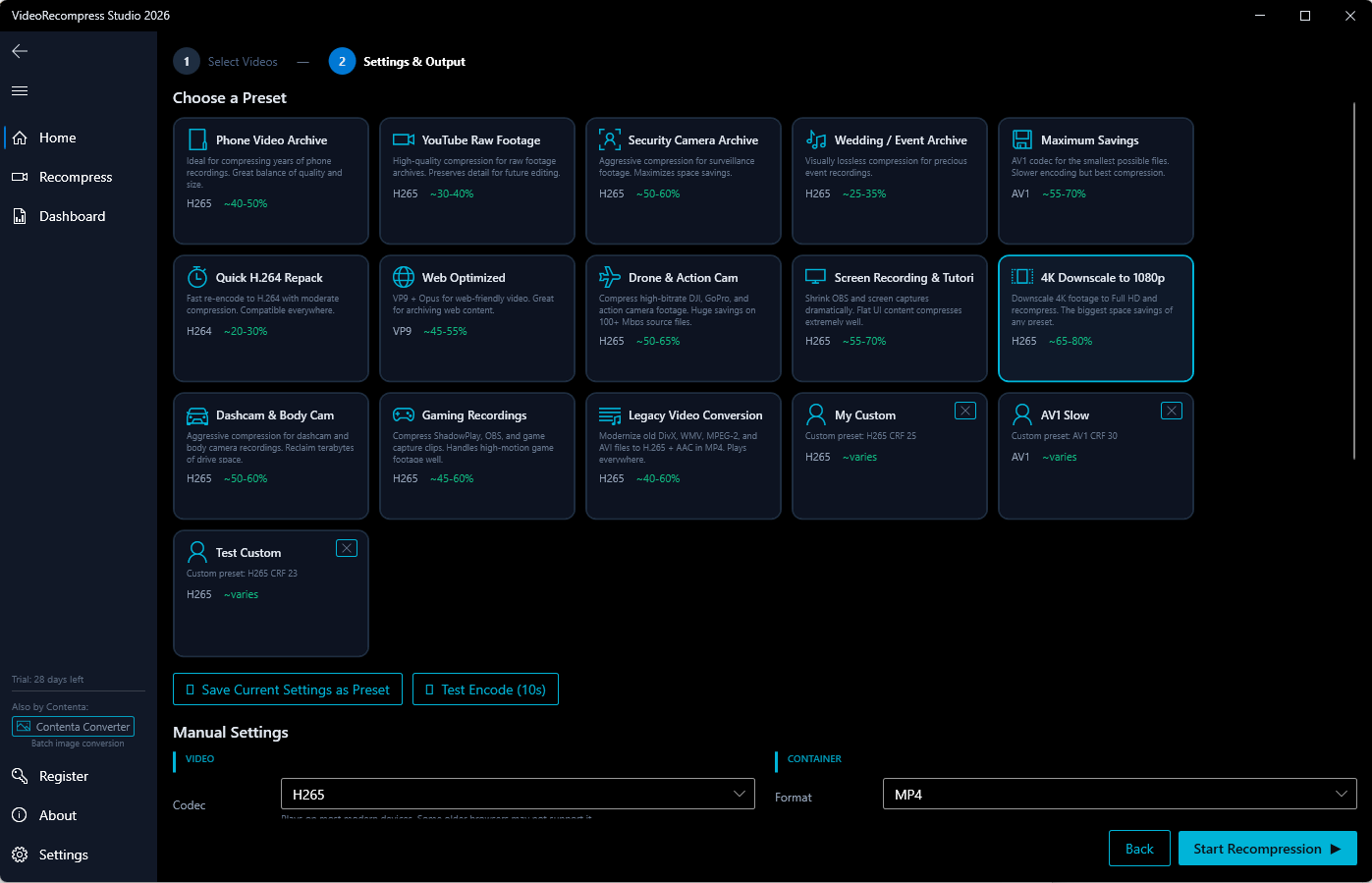 VideoRecompress Studio — preset selection and settings